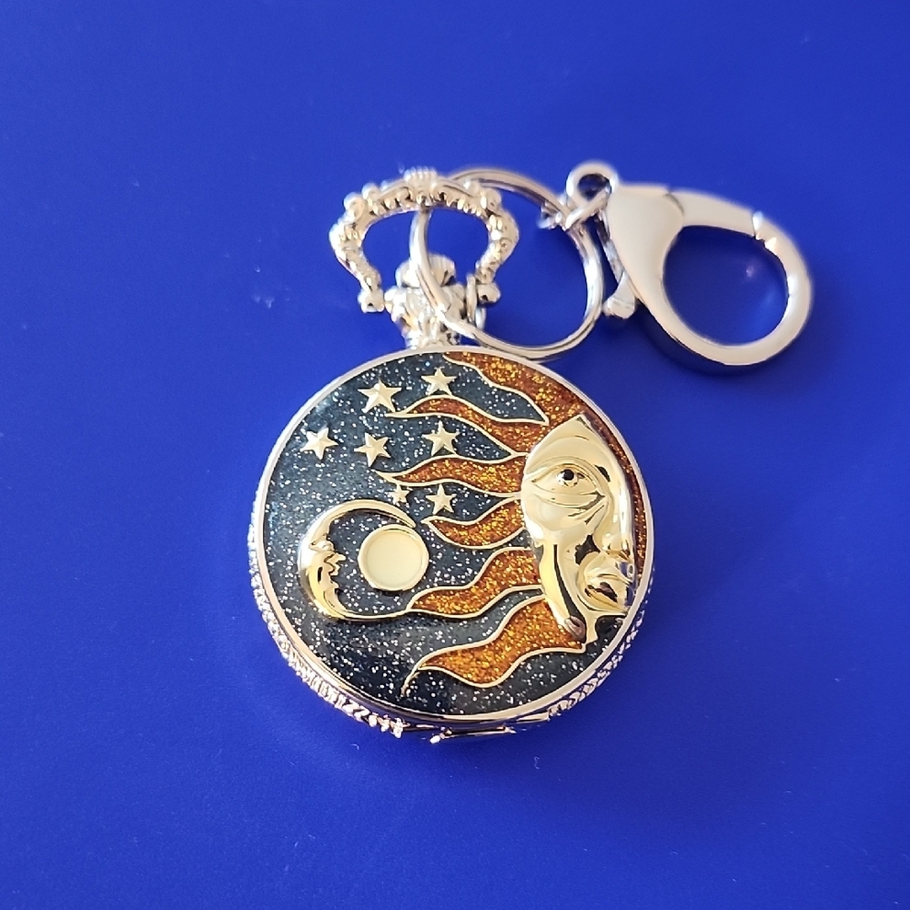 Strada Quartz Movement Carved Sun & Moon Pocket Watch Pendant / Bag Charm
